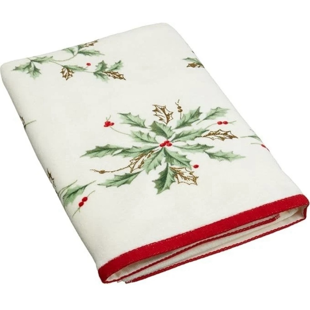 Lenox Holiday Bath Towels with Holly and Red Trim Set of 2 - Picture 2 of 4